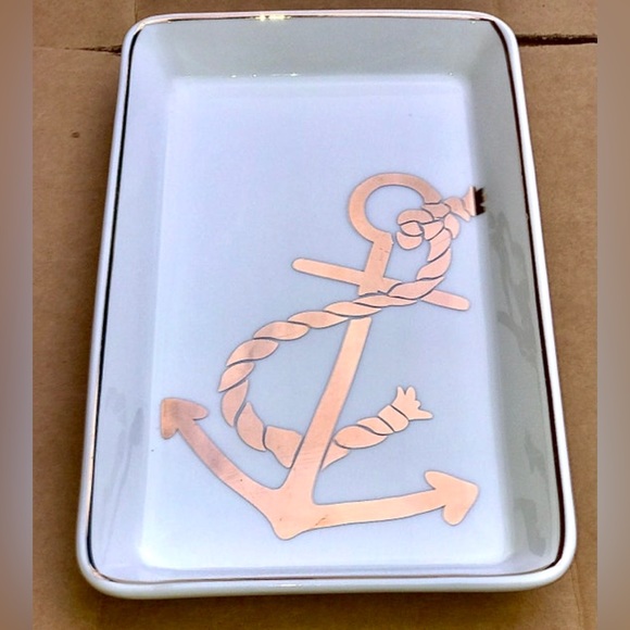 Vintage J. CREW Gold Trim White Porcelain Rope & Anchor Ceramic Trinket Key Dish - Picture 2 of 10